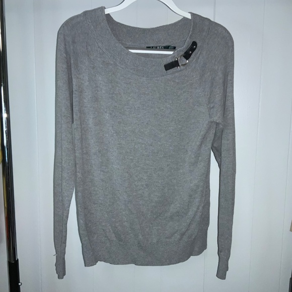 Lauren Ralph Lauren Gray Long Sleeve Sweater sz XL Faux Leather Buckle - Picture 6 of 6